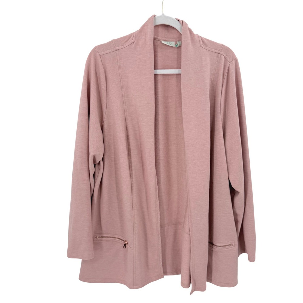LOGO Lounge by Lori Goldstein Pink French Terry Open Front Cardigan XL Zipper